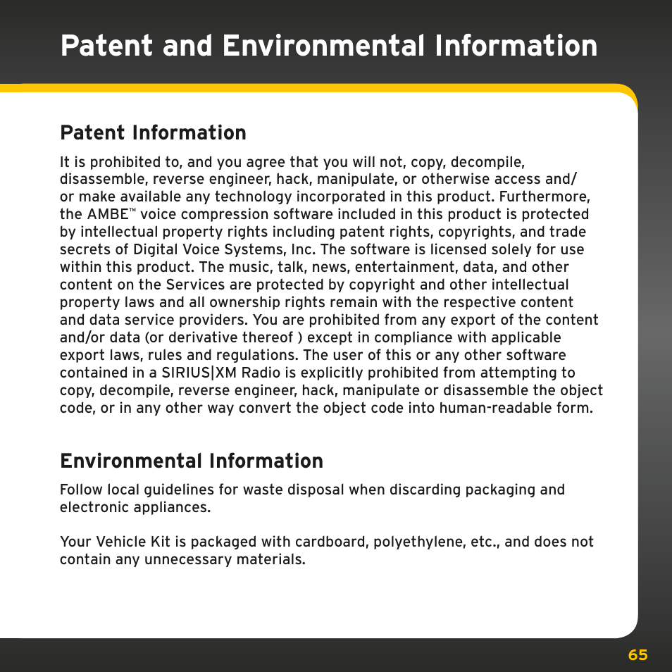 Patent and environmental information, Patent information, Environmental information | Sirius Satellite Radio PowerConnect XMP3IVKUG0210 User Manual | Page 65 / 68