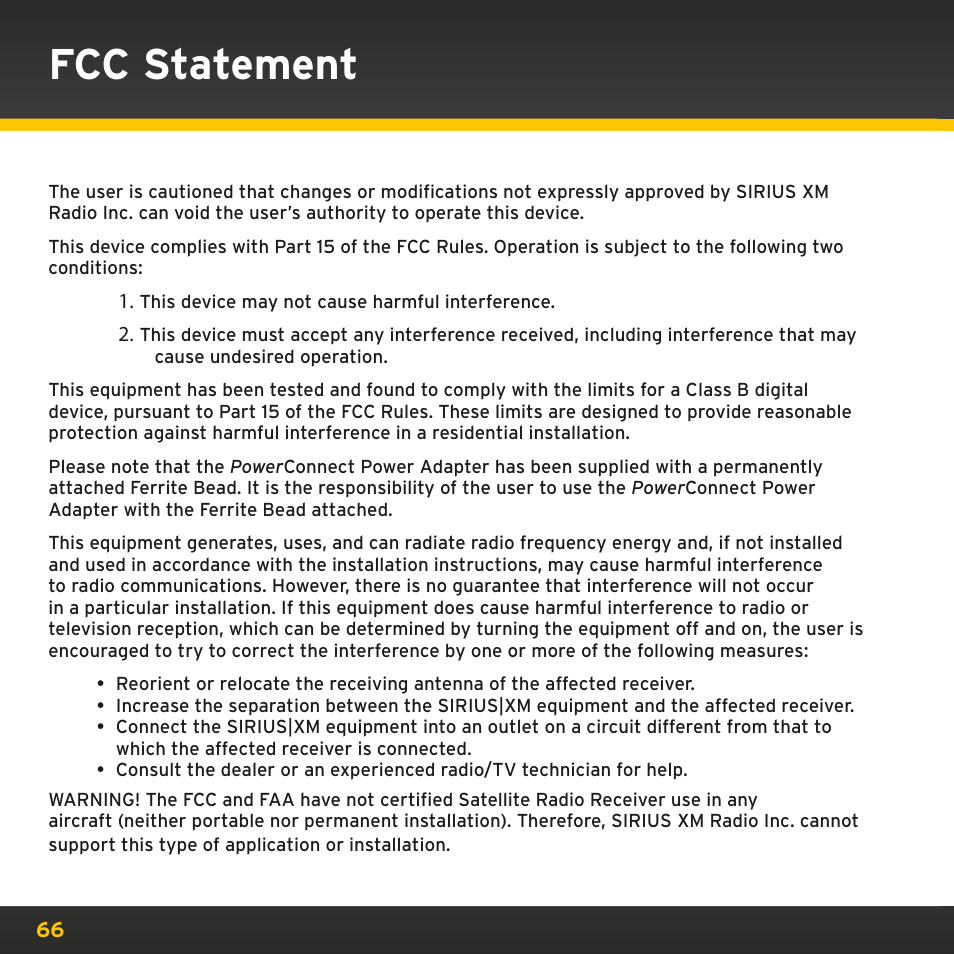 Fcc statement | Sirius Satellite Radio PowerConnect XMP3IVKUG0210 User Manual | Page 66 / 68