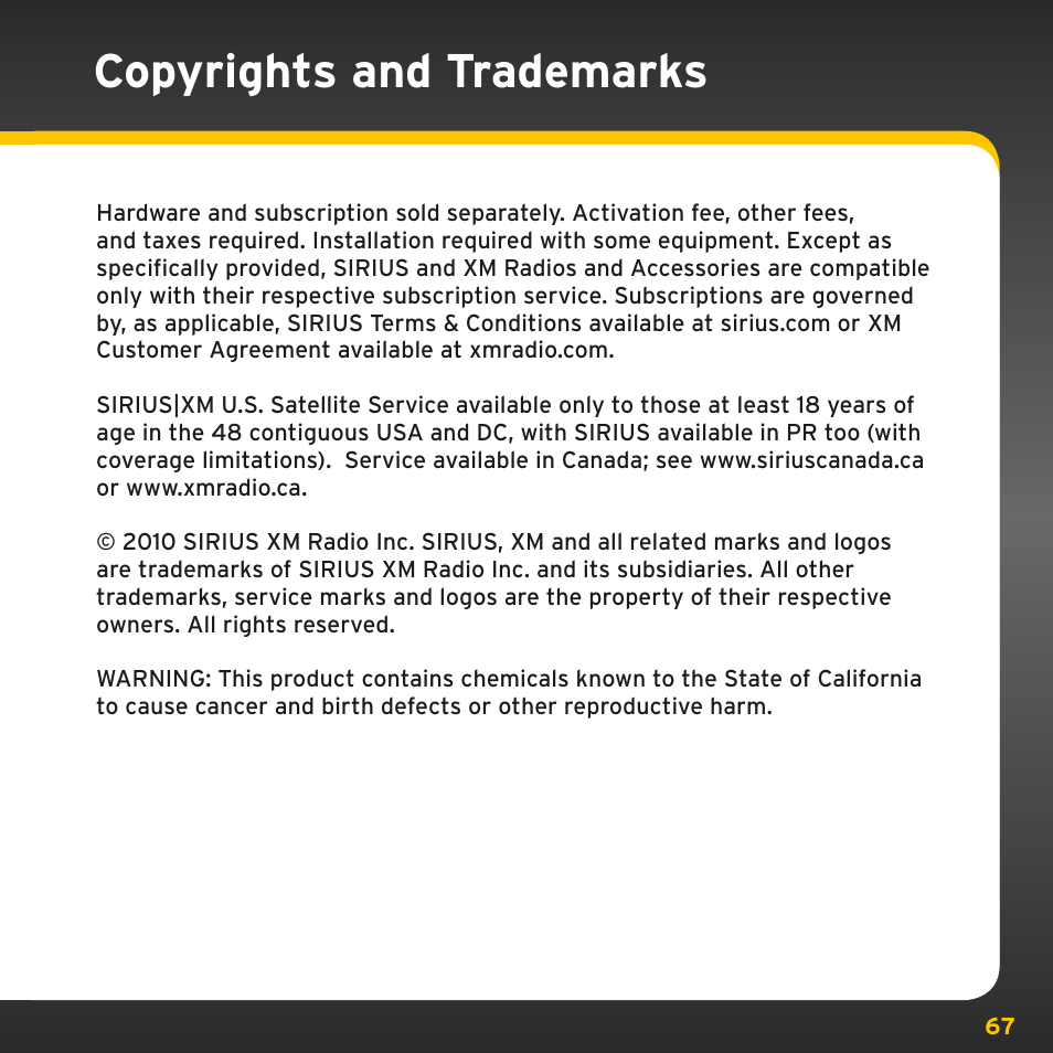 Copyrights and trademarks | Sirius Satellite Radio PowerConnect XMP3IVKUG0210 User Manual | Page 67 / 68