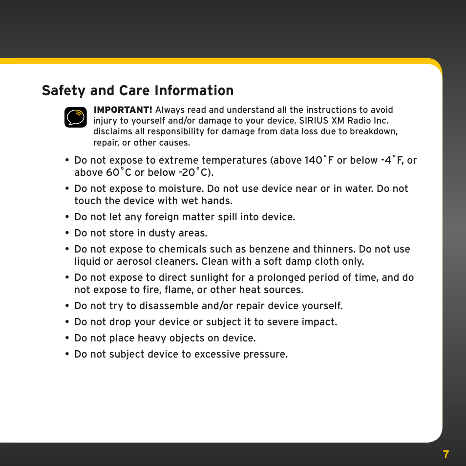 Safety and care information | Sirius Satellite Radio PowerConnect XMP3IVKUG0210 User Manual | Page 7 / 68