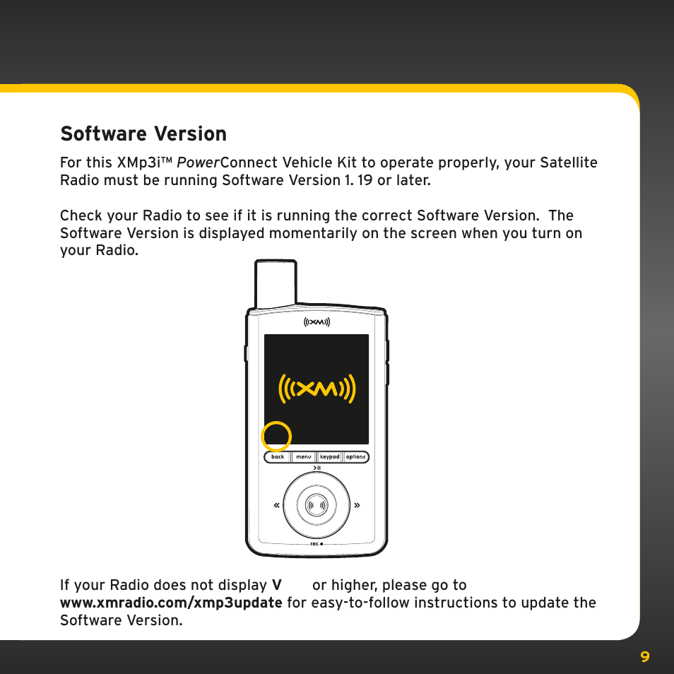 Software version | Sirius Satellite Radio PowerConnect XMP3IVKUG0210 User Manual | Page 9 / 68