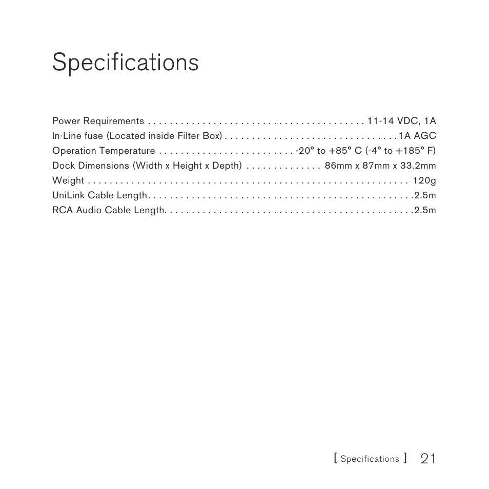 Specifications | Sirius Satellite Radio SiriusConnect SNYSC1 User Manual | Page 21 / 24