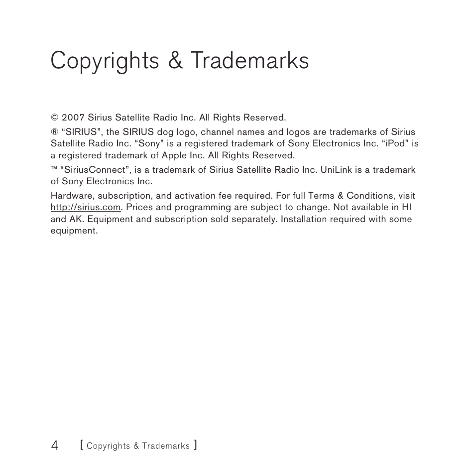 Copyrights & trademarks | Sirius Satellite Radio SiriusConnect SNYSC1 User Manual | Page 4 / 24