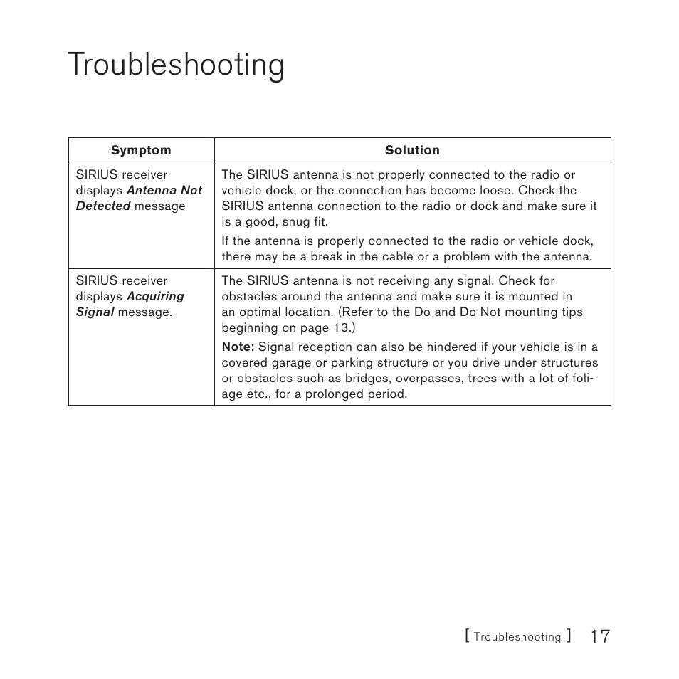 Troubleshooting | Sirius Satellite Radio DOT2 User Manual | Page 17 / 24
