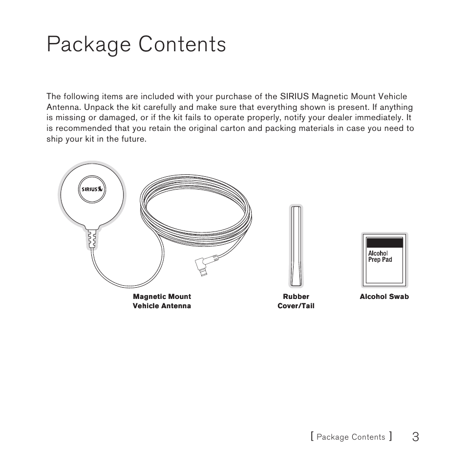 Package contents | Sirius Satellite Radio DOT2 User Manual | Page 3 / 24