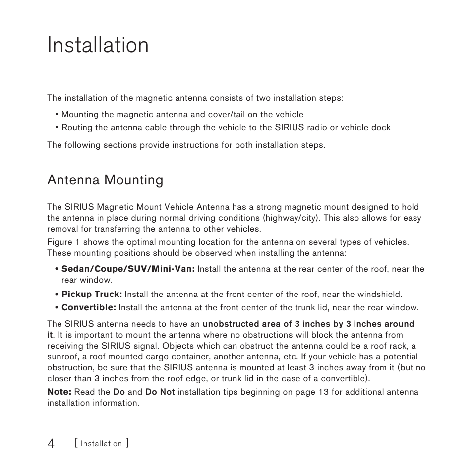 Installation, Antenna mounting | Sirius Satellite Radio DOT2 User Manual | Page 4 / 24