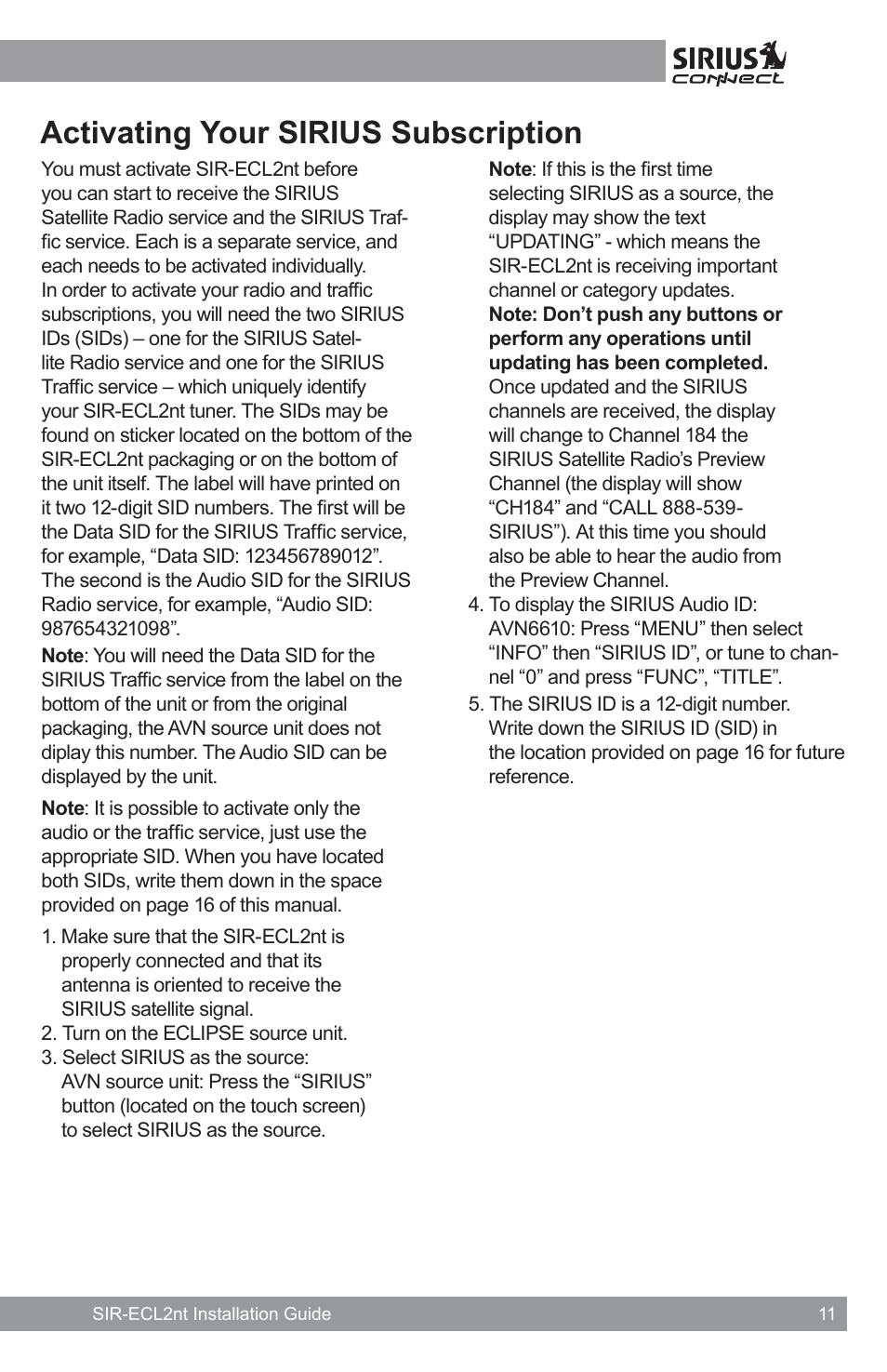 Activating your sirius subscription | Sirius Satellite Radio SATELLITE RADIO SIR-ECL2nt User Manual | Page 11 / 20