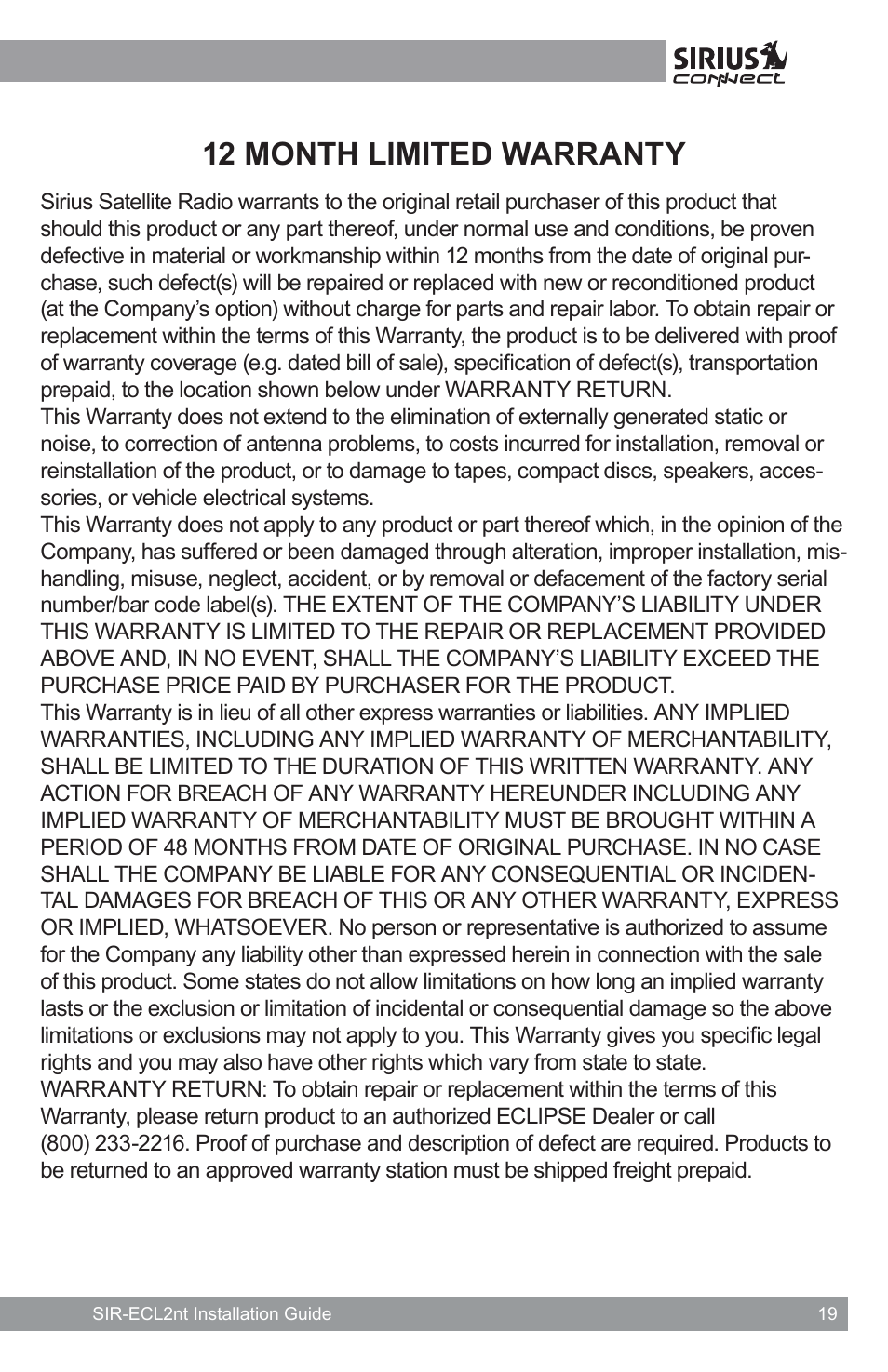 12 month limited warranty | Sirius Satellite Radio SATELLITE RADIO SIR-ECL2nt User Manual | Page 19 / 20