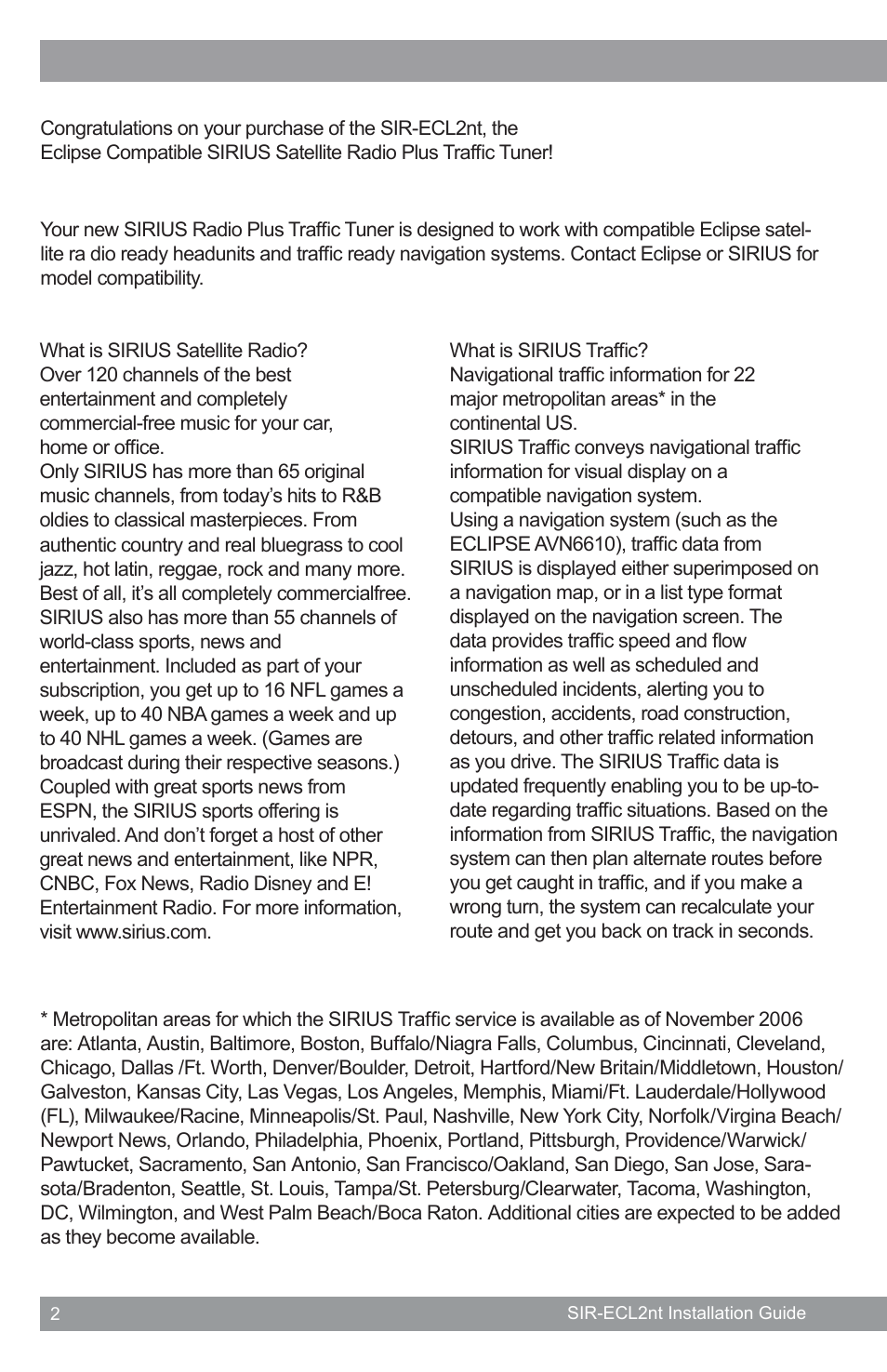 Sirius Satellite Radio SATELLITE RADIO SIR-ECL2nt User Manual | Page 2 / 20