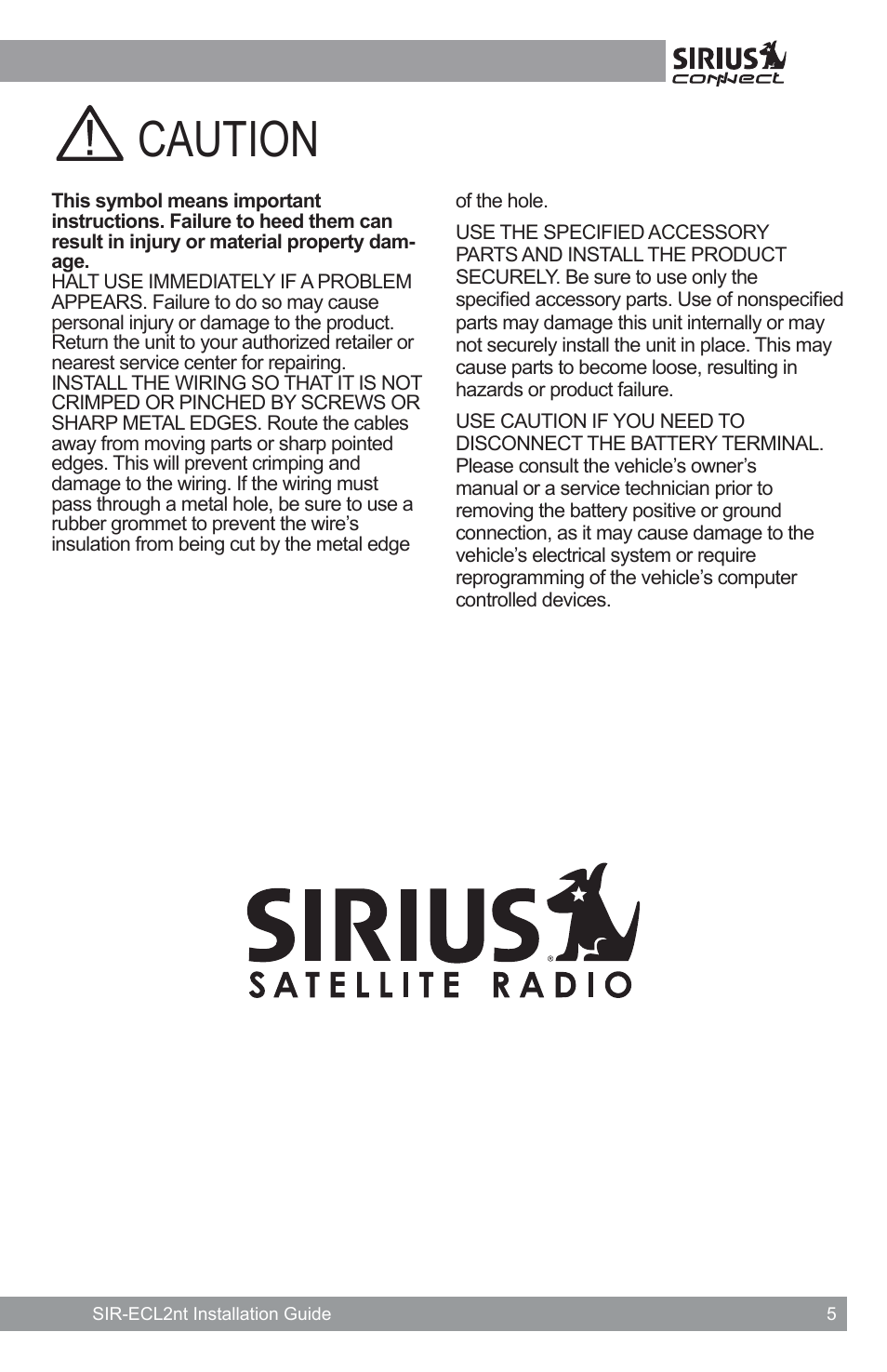 Caution | Sirius Satellite Radio SATELLITE RADIO SIR-ECL2nt User Manual | Page 5 / 20