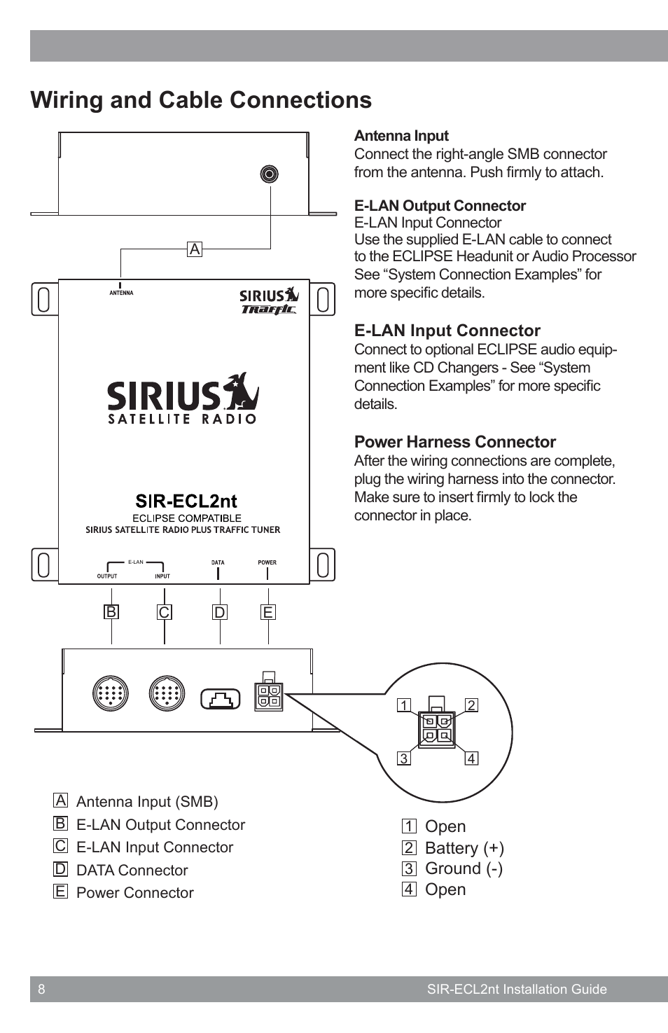 Wiring and cable connections | Sirius Satellite Radio SATELLITE RADIO SIR-ECL2nt User Manual | Page 8 / 20