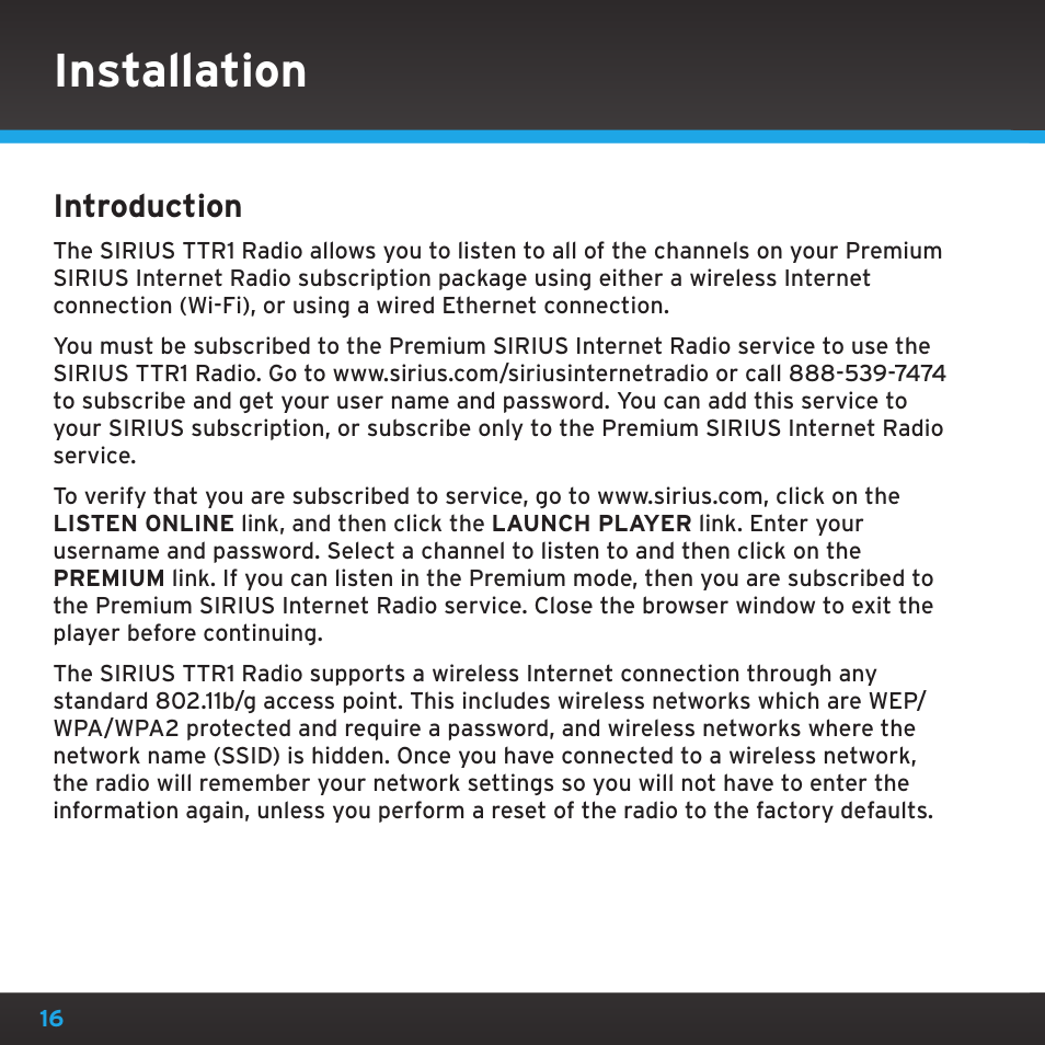 Installation, Introduction | Sirius Satellite Radio TTR1 User Manual | Page 16 / 88