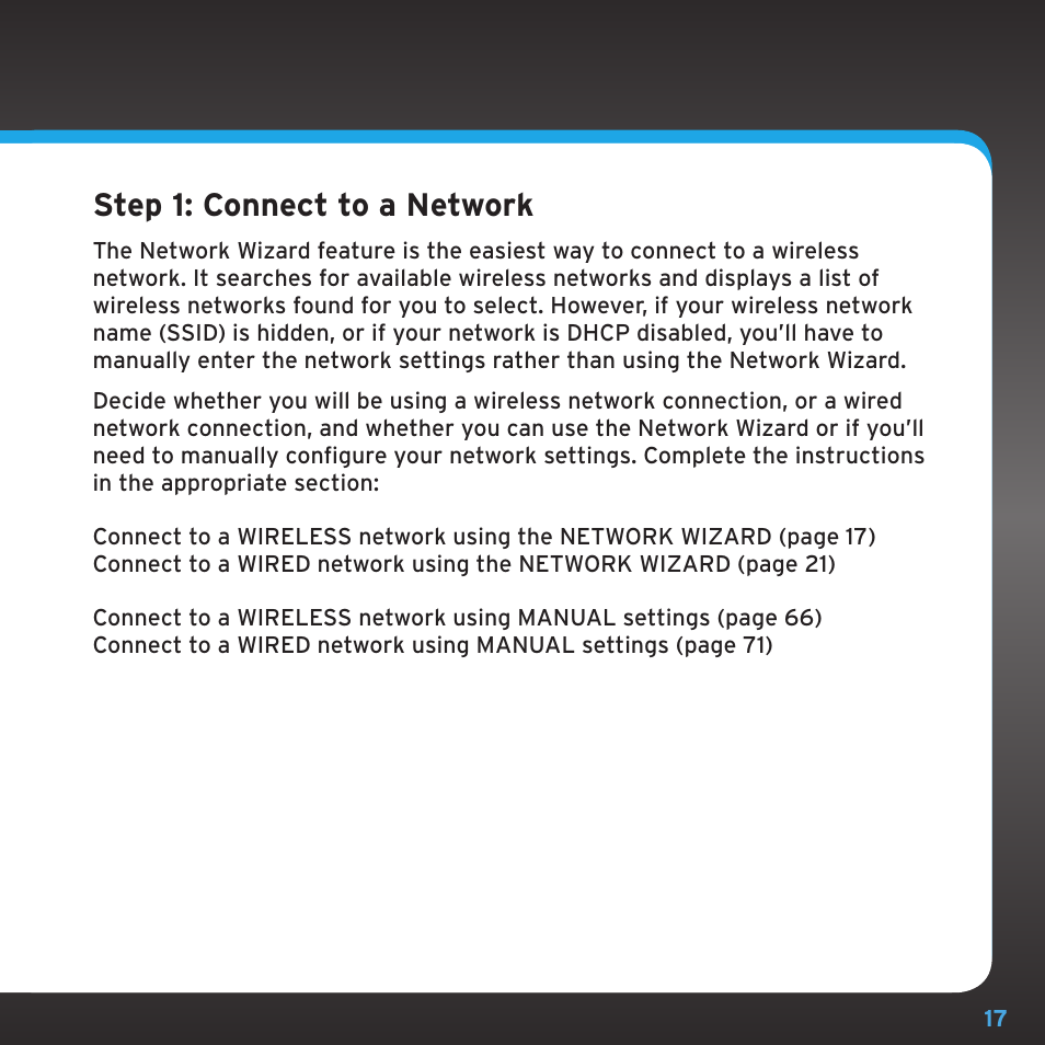 Step 1: connect to a network | Sirius Satellite Radio TTR1 User Manual | Page 17 / 88