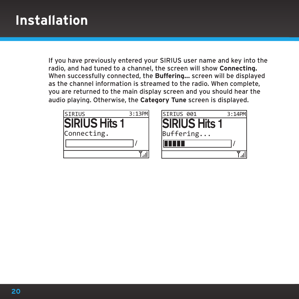 Installation, Sirius hits 1 | Sirius Satellite Radio TTR1 User Manual | Page 20 / 88