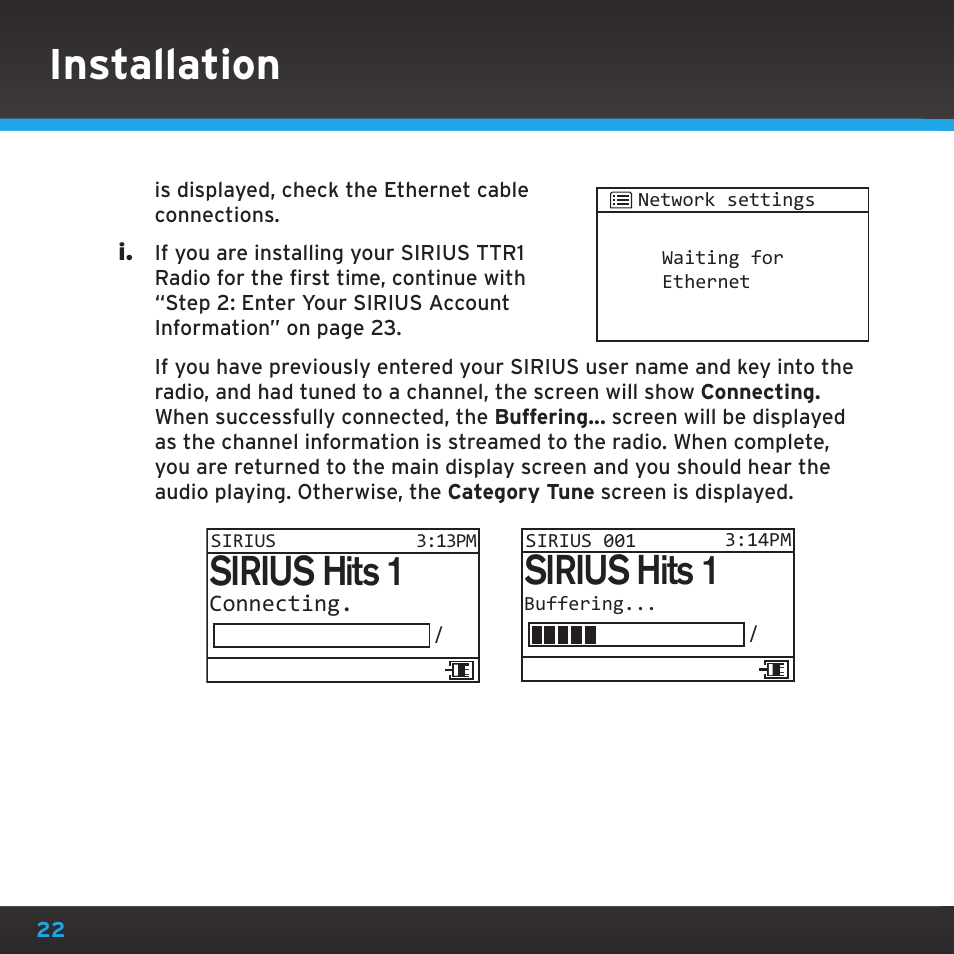 Installation, Sirius hits 1 | Sirius Satellite Radio TTR1 User Manual | Page 22 / 88