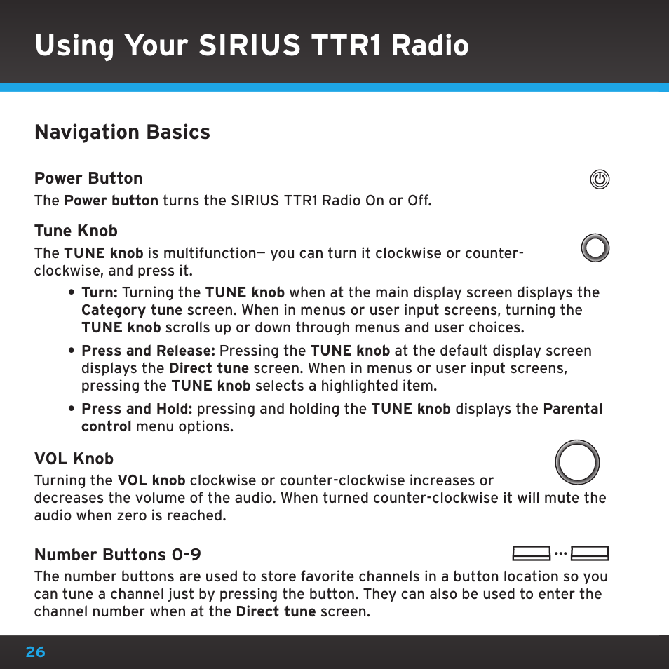 Using your sirius ttr1 radio, Navigation basics | Sirius Satellite Radio TTR1 User Manual | Page 26 / 88