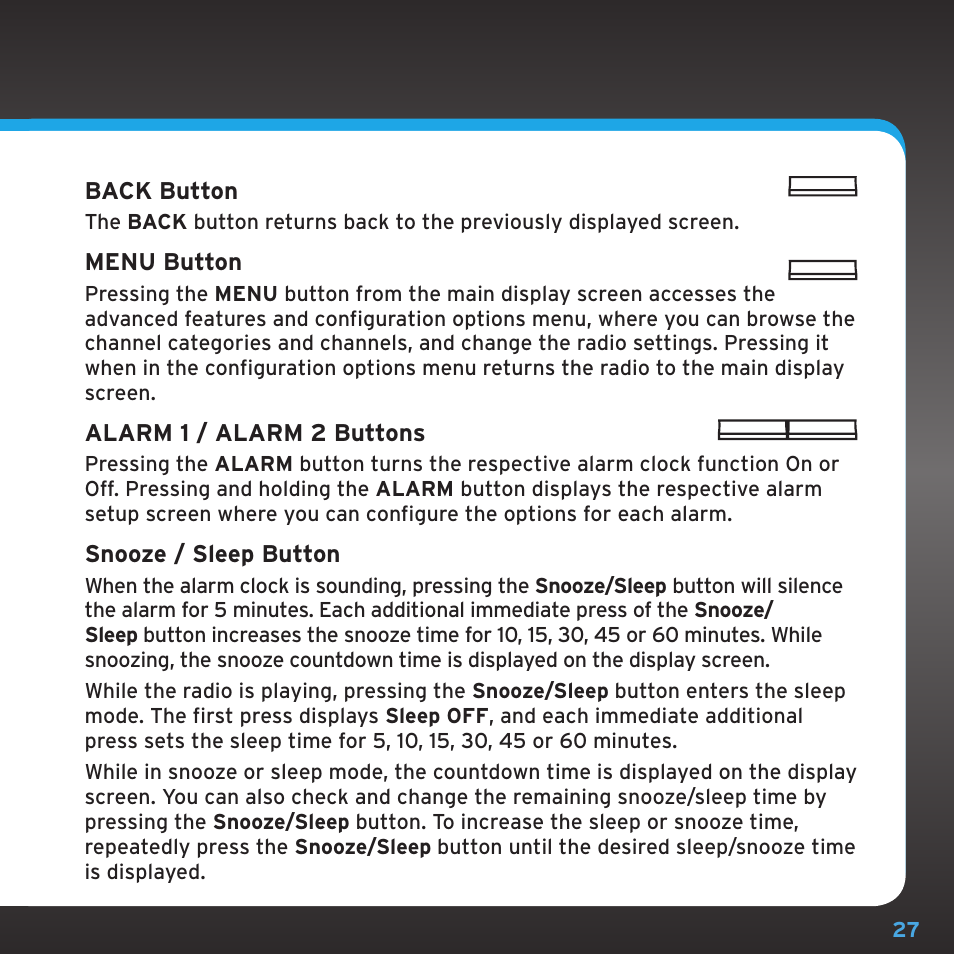 Back button, Menu button, Alarm 1 / alarm 2 buttons | Snooze / sleep button | Sirius Satellite Radio TTR1 User Manual | Page 27 / 88