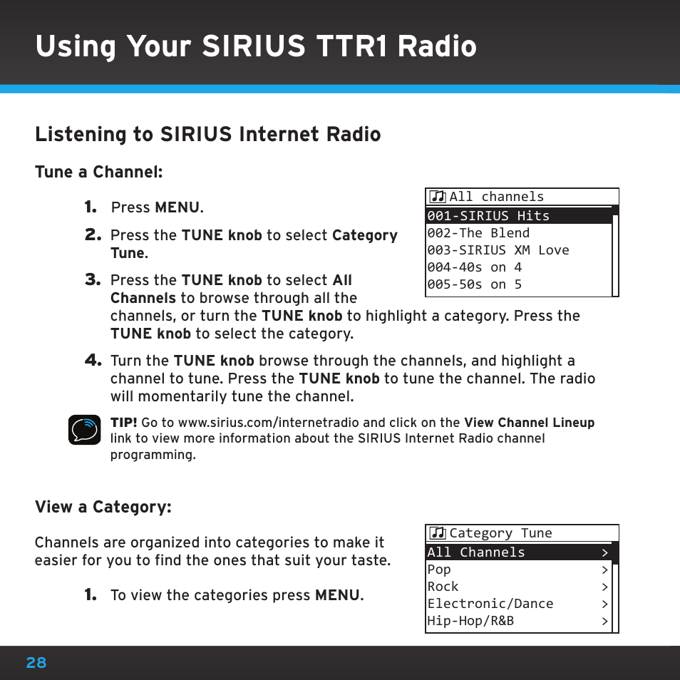 Using your sirius ttr1 radio, Listening to sirius internet radio | Sirius Satellite Radio TTR1 User Manual | Page 28 / 88