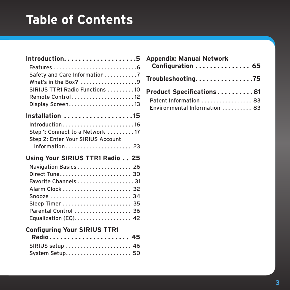 Sirius Satellite Radio TTR1 User Manual | Page 3 / 88