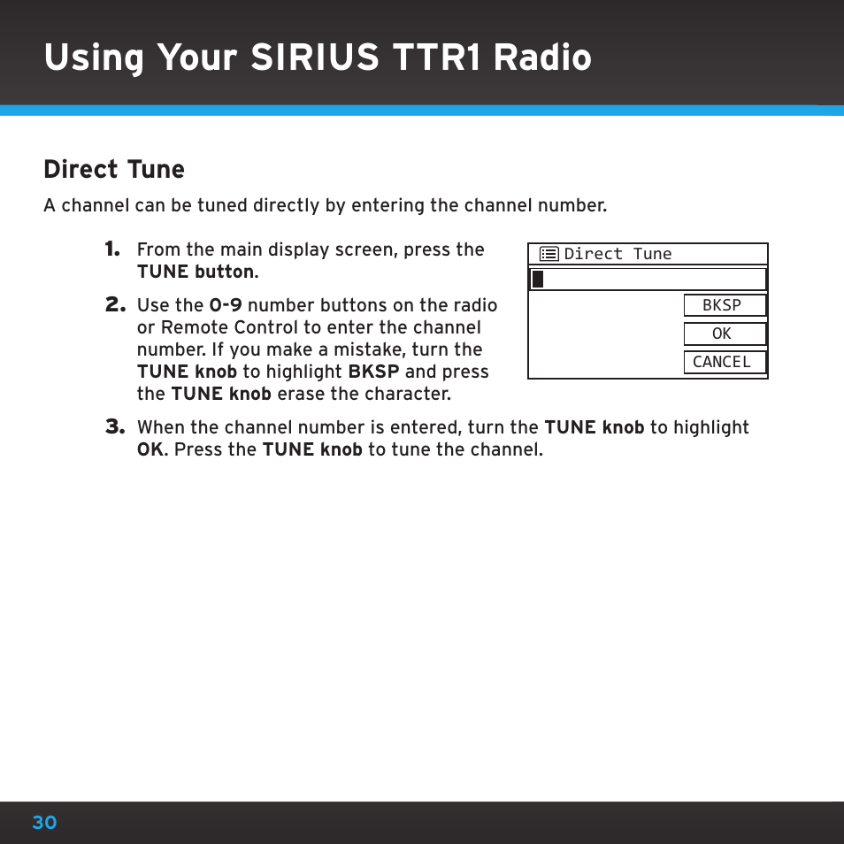 Using your sirius ttr1 radio, Direct tune | Sirius Satellite Radio TTR1 User Manual | Page 30 / 88