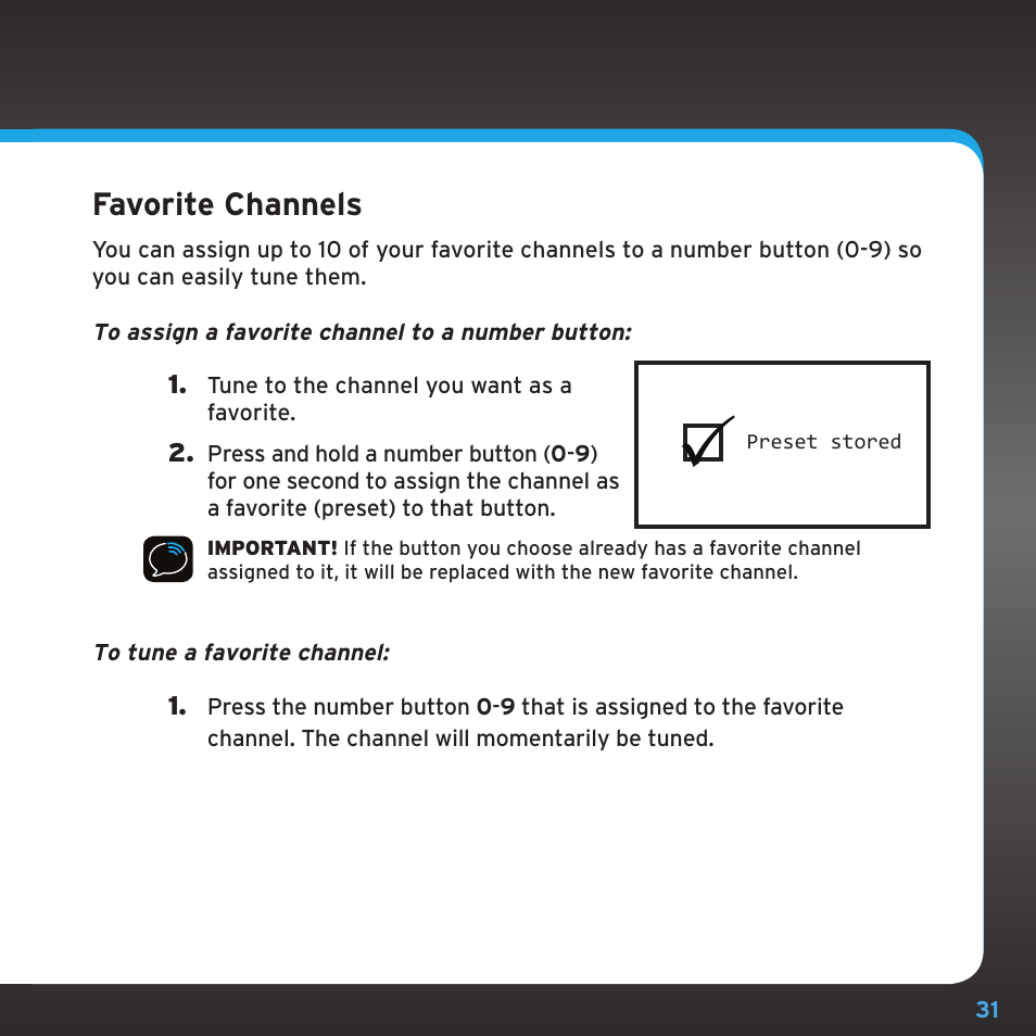 Favorite channels | Sirius Satellite Radio TTR1 User Manual | Page 31 / 88