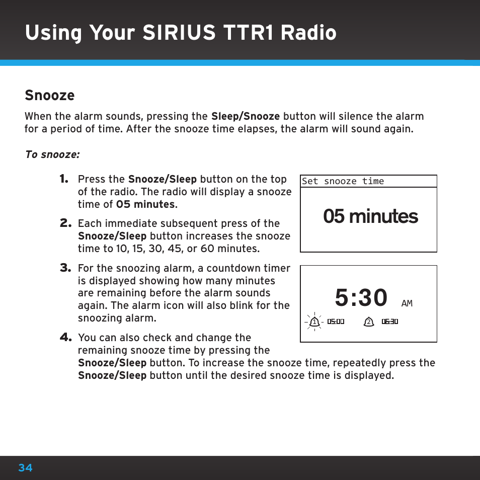 Using your sirius ttr1 radio, 05 minutes, Snooze | Sirius Satellite Radio TTR1 User Manual | Page 34 / 88