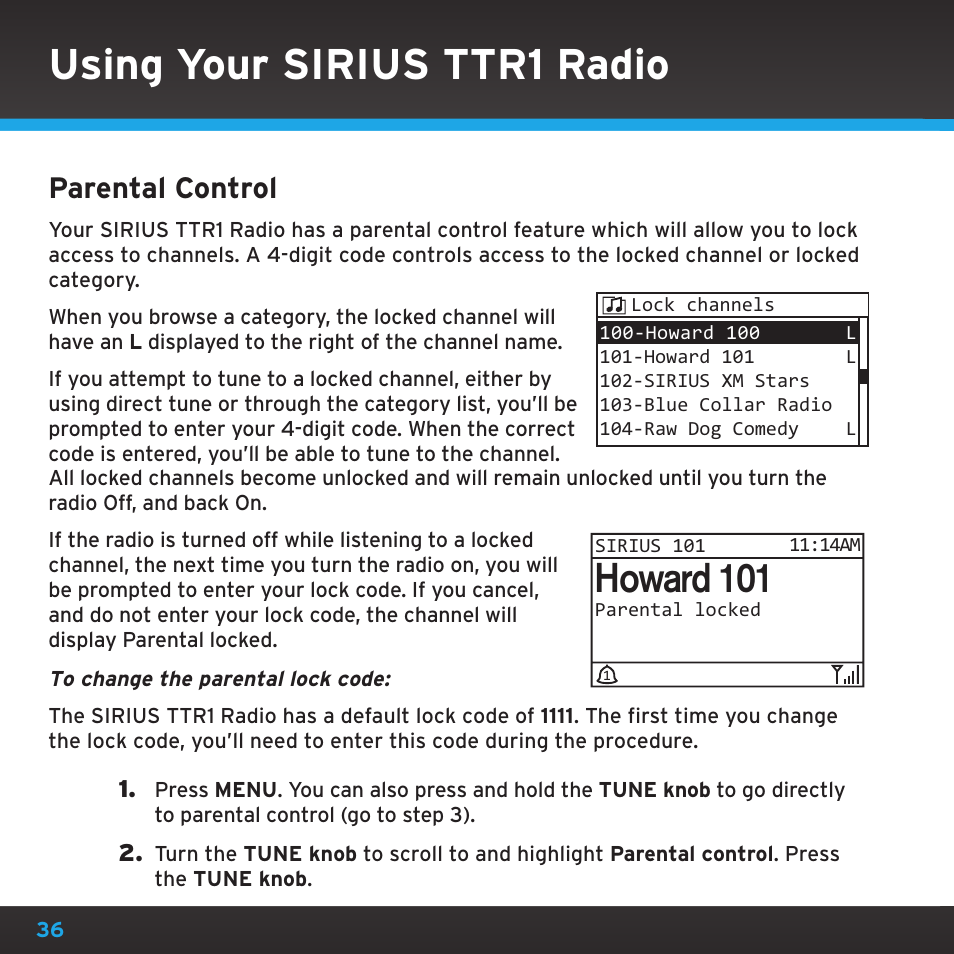 Using your sirius ttr1 radio, Howard 101, Parental control | Sirius Satellite Radio TTR1 User Manual | Page 36 / 88