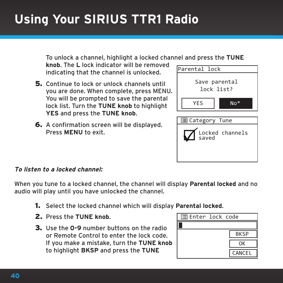 Using your sirius ttr1 radio | Sirius Satellite Radio TTR1 User Manual | Page 40 / 88