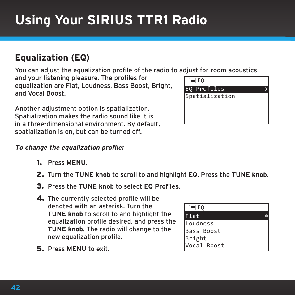 Using your sirius ttr1 radio, Equalization (eq) | Sirius Satellite Radio TTR1 User Manual | Page 42 / 88