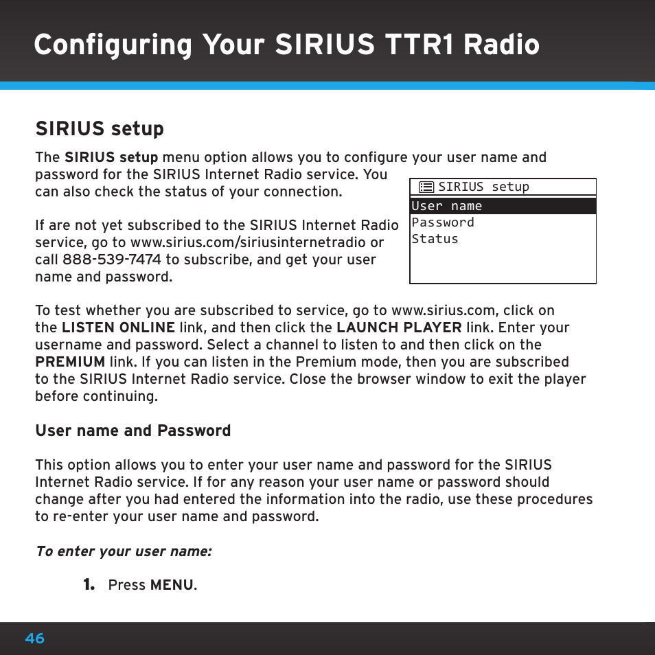 Configuring your sirius ttr1 radio, Sirius setup | Sirius Satellite Radio TTR1 User Manual | Page 46 / 88