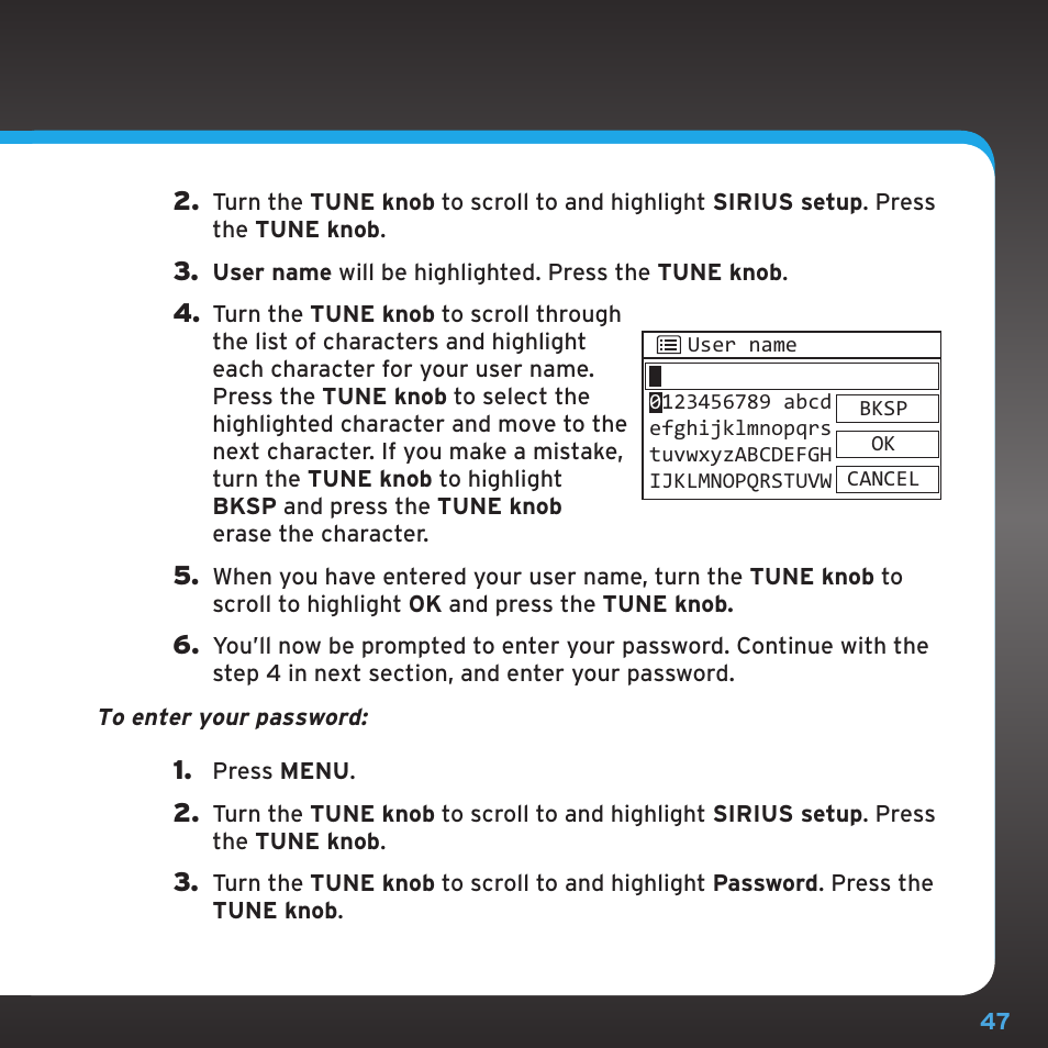 Sirius setup | Sirius Satellite Radio TTR1 User Manual | Page 47 / 88