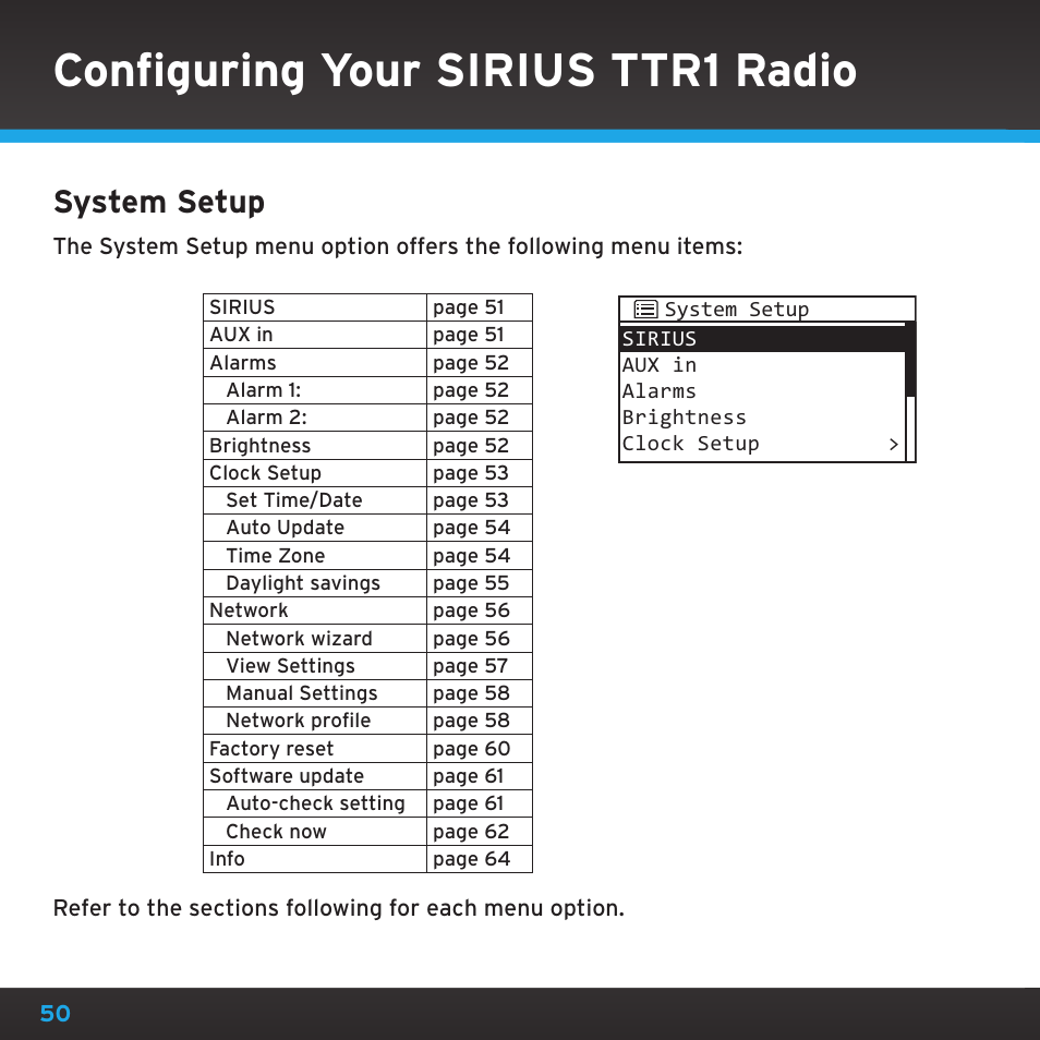 Configuring your sirius ttr1 radio, System setup | Sirius Satellite Radio TTR1 User Manual | Page 50 / 88