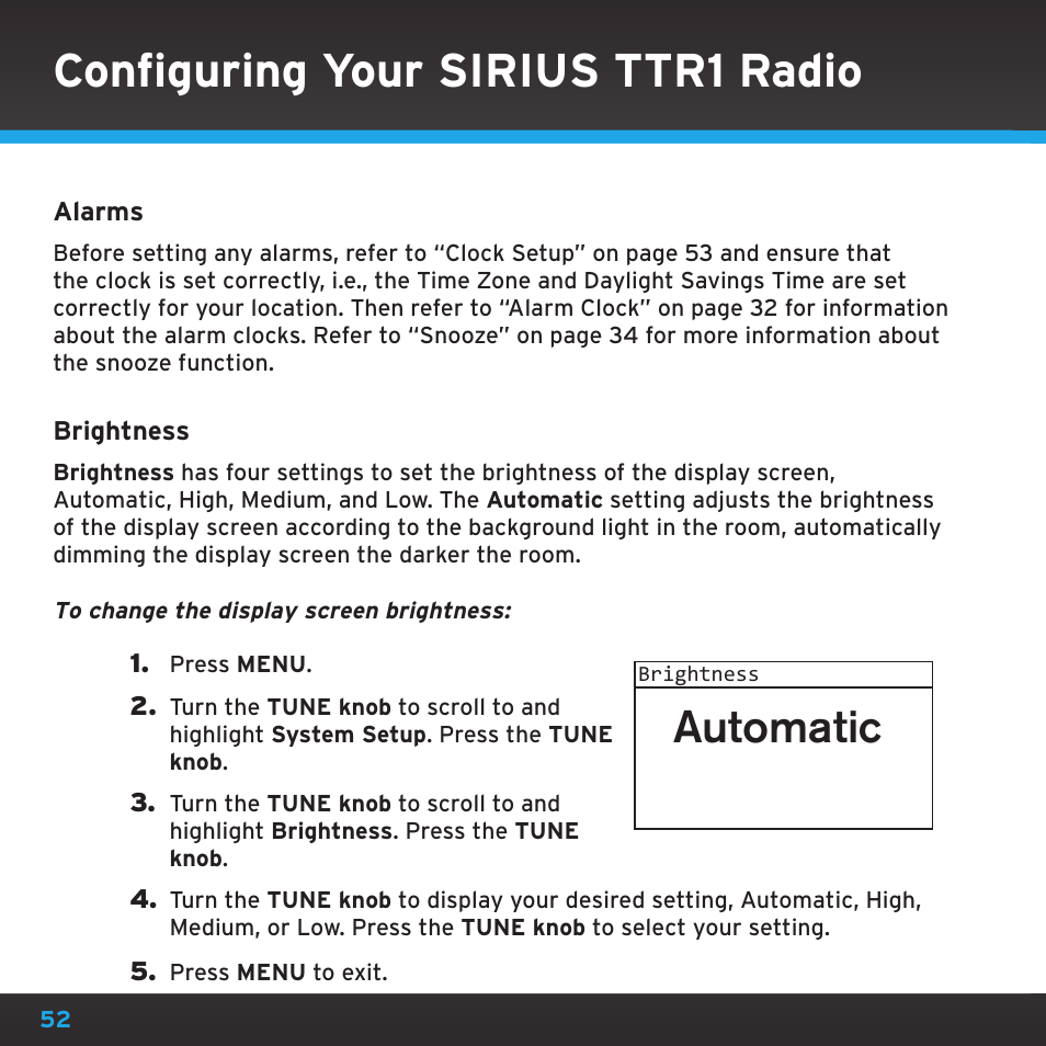 Configuring your sirius ttr1 radio, Automatic | Sirius Satellite Radio TTR1 User Manual | Page 52 / 88