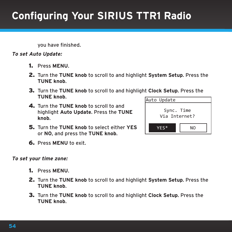 Configuring your sirius ttr1 radio | Sirius Satellite Radio TTR1 User Manual | Page 54 / 88