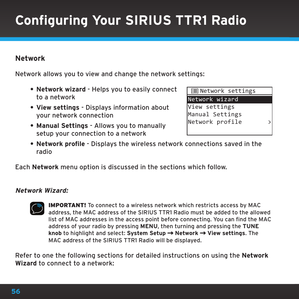 Configuring your sirius ttr1 radio | Sirius Satellite Radio TTR1 User Manual | Page 56 / 88