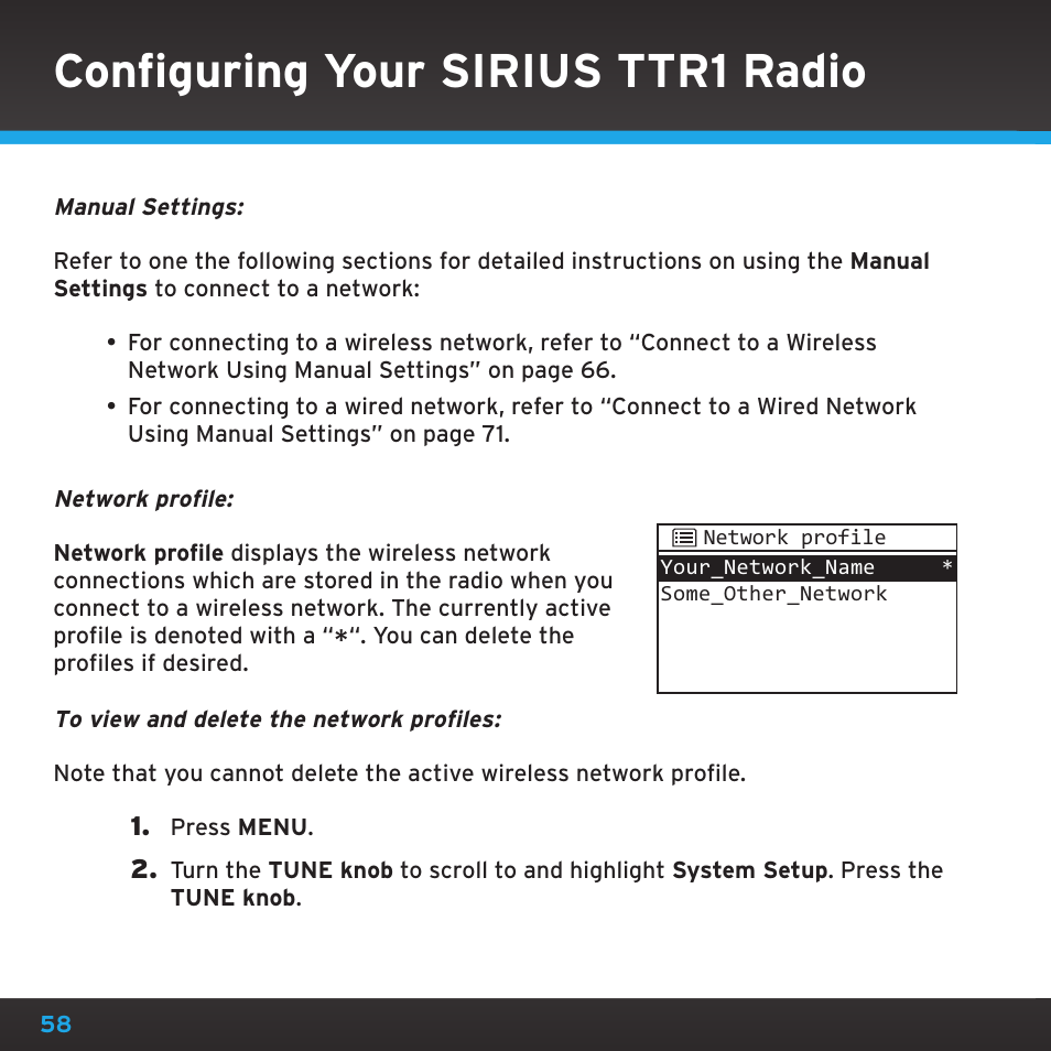 Configuring your sirius ttr1 radio | Sirius Satellite Radio TTR1 User Manual | Page 58 / 88