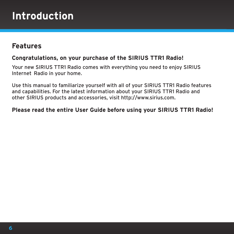 Introduction, Features | Sirius Satellite Radio TTR1 User Manual | Page 6 / 88