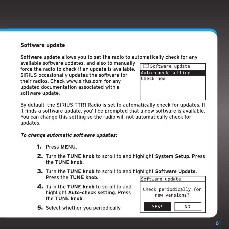 Configuring your sirius ttr1 radio | Sirius Satellite Radio TTR1 User Manual | Page 61 / 88