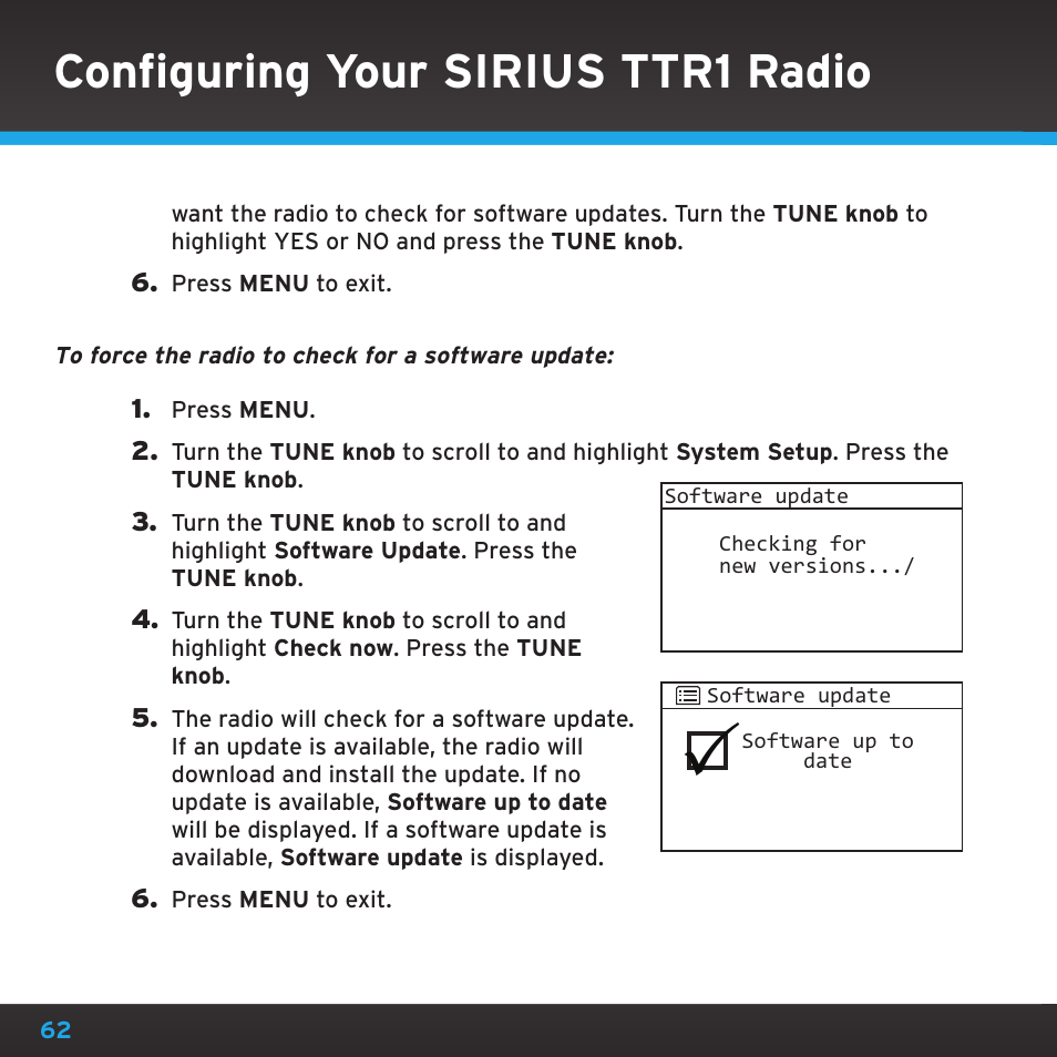 Configuring your sirius ttr1 radio | Sirius Satellite Radio TTR1 User Manual | Page 62 / 88