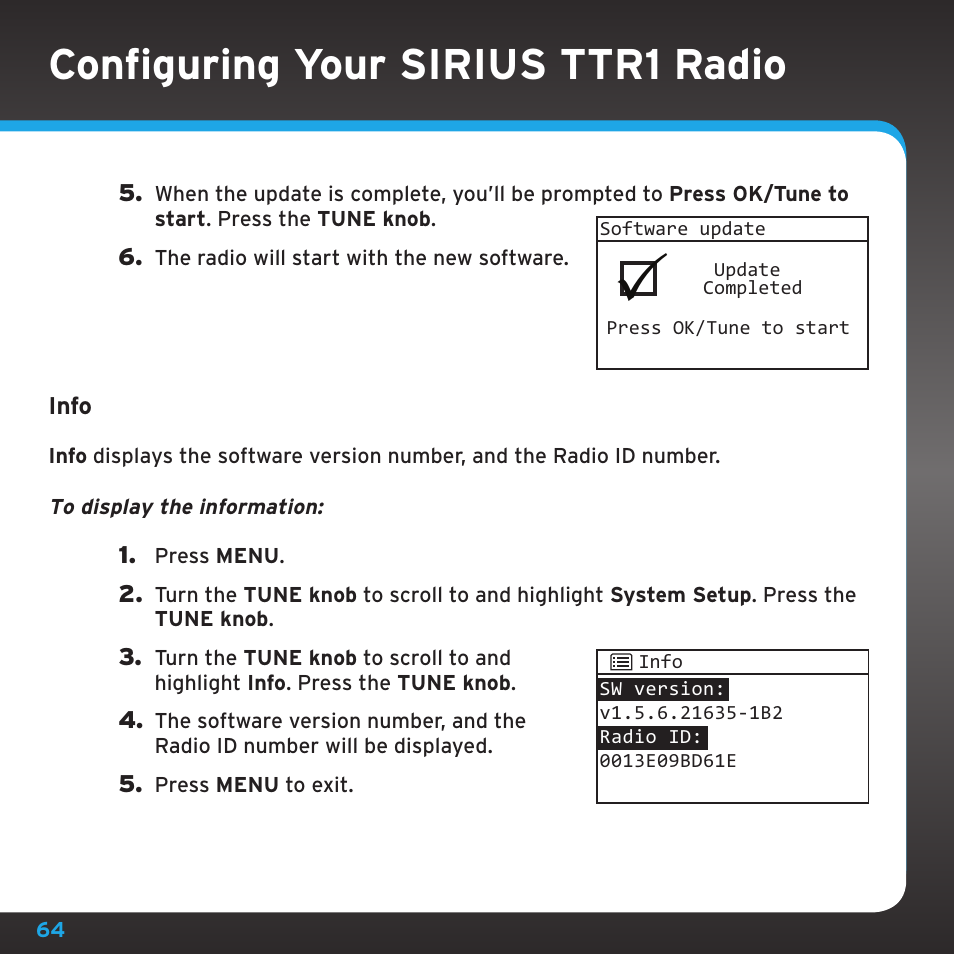 Configuring your sirius ttr1 radio | Sirius Satellite Radio TTR1 User Manual | Page 64 / 88