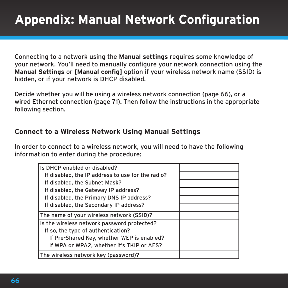 Appendix: manual network configuration | Sirius Satellite Radio TTR1 User Manual | Page 66 / 88