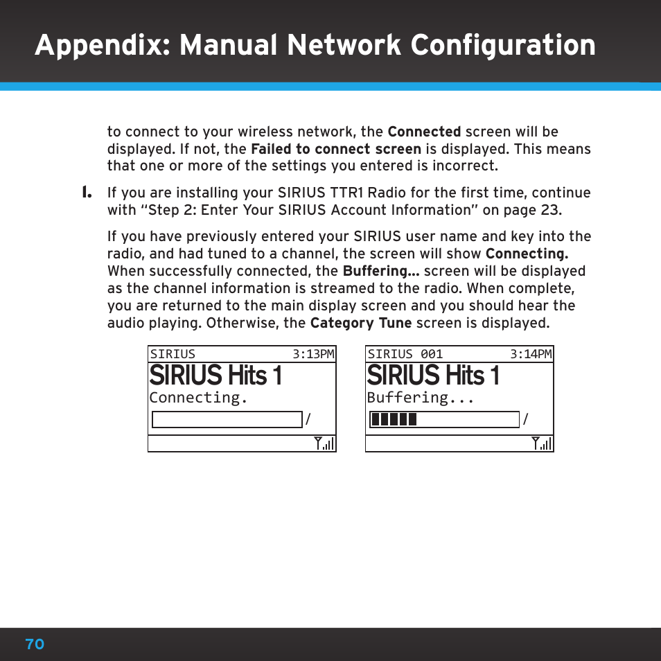 Appendix: manual network configuration, Sirius hits 1 | Sirius Satellite Radio TTR1 User Manual | Page 70 / 88