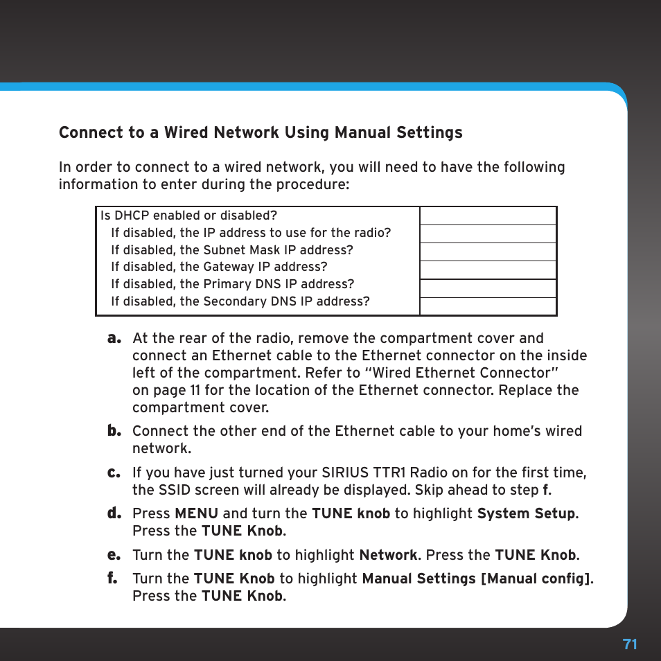 Appendix: manual network configuration | Sirius Satellite Radio TTR1 User Manual | Page 71 / 88