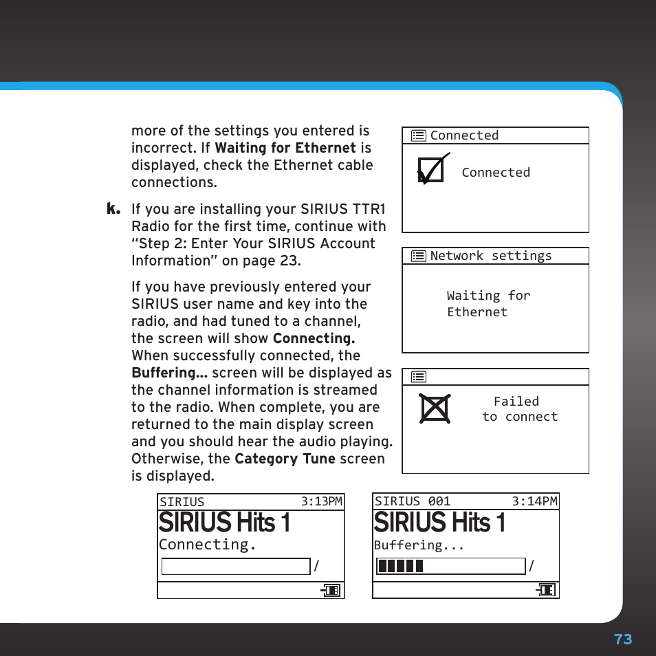 Appendix: manual network configuration, Sirius hits 1 | Sirius Satellite Radio TTR1 User Manual | Page 73 / 88