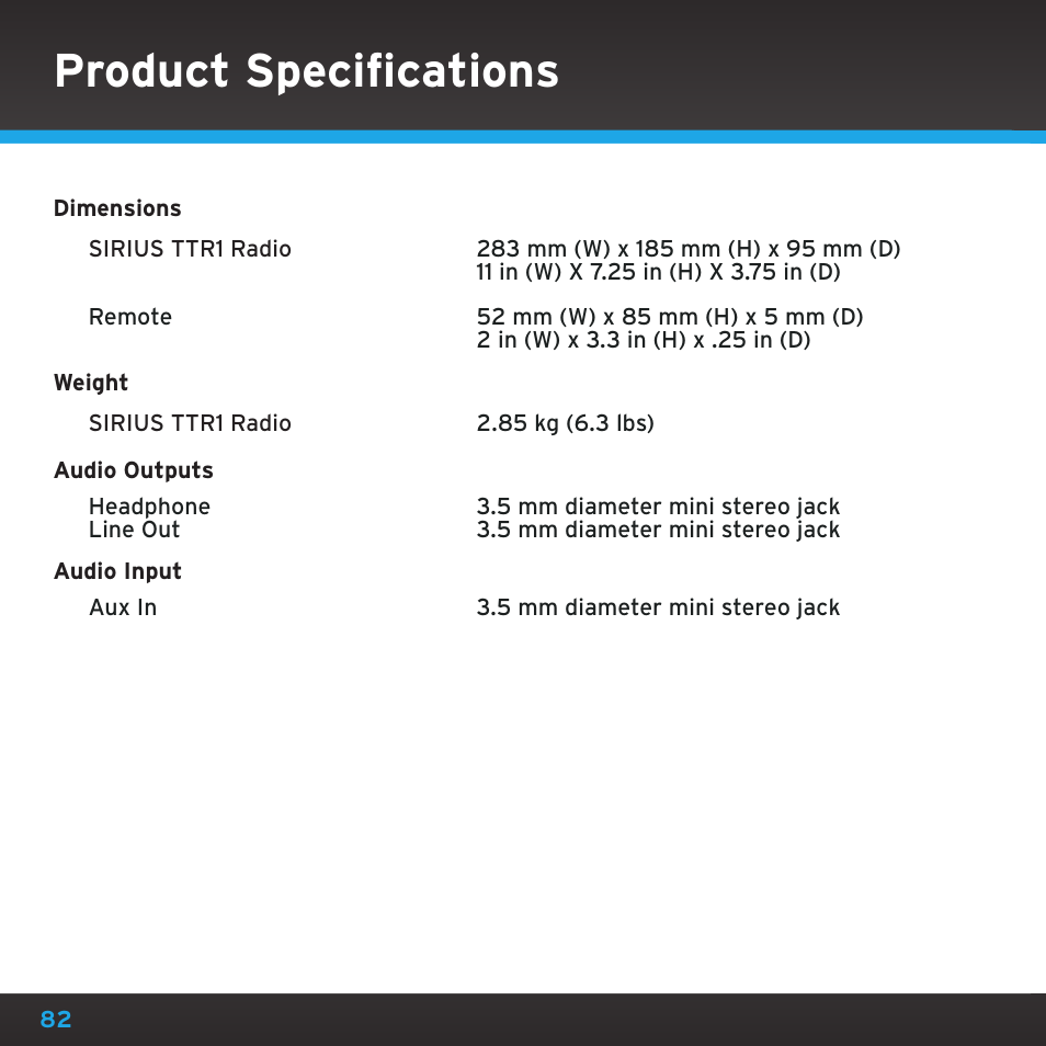 Product specifications | Sirius Satellite Radio TTR1 User Manual | Page 82 / 88