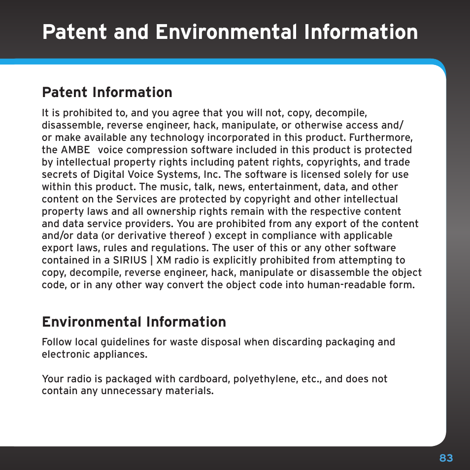Patent and environmental information, Patent information, Environmental information | Sirius Satellite Radio TTR1 User Manual | Page 83 / 88