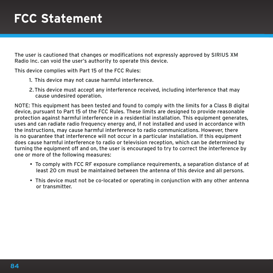 Fcc statement | Sirius Satellite Radio TTR1 User Manual | Page 84 / 88