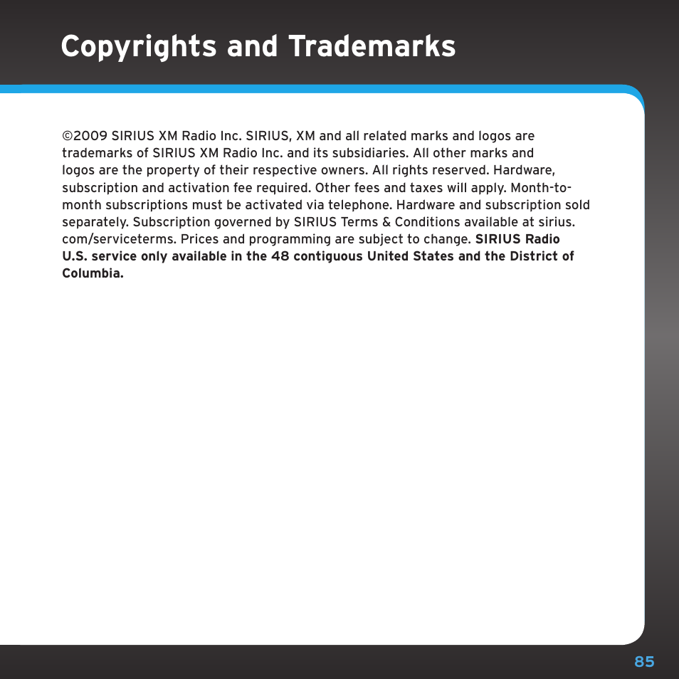 Copyrights and trademarks | Sirius Satellite Radio TTR1 User Manual | Page 85 / 88