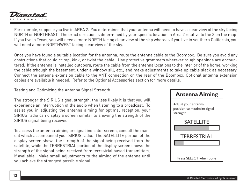 Antenna aiming, Satellite terrestrial | Sirius Satellite Radio SIRIUS STILETTO SL-BB1 User Manual | Page 12 / 20