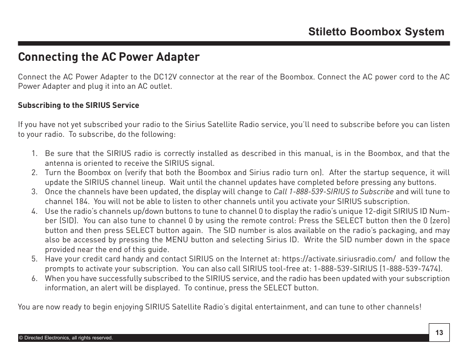 Desktop docking station, Connecting the ac power adapter, Stiletto boombox system | Sirius Satellite Radio SIRIUS STILETTO SL-BB1 User Manual | Page 13 / 20